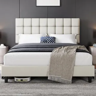 Yaheetech Polsterbett 160 x 200 cm Doppelbett mit Höhenverstellbarem Kopfteil, Stabiler Bettrahmen Stoffbett mit Lattenrost, Gepolstertes Bettgestell Bett, Beige