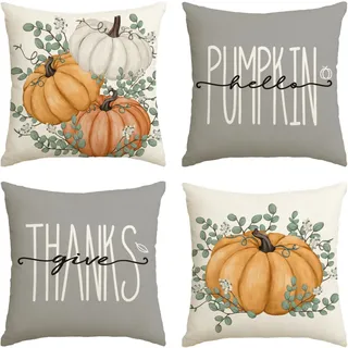 Artoid Mode Orange Kürbisse Eukalyptus Herbst Kissenbezüge 4er Set, 40x40 cm Zierkissenbezug Fall Cushion Cover Couch Wohnzimmer Außenbereich Deko
