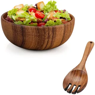 AZKEEGREY Salatschüssel Holz 24 cm Akazienholz, Große Salat-Rührschüssel mit Rührgabel Holzschale Küchenutensilien Holzschüssel