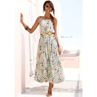 Midikleid BUFFALO "mit blumendruck aus gewebter Viskose", Damen, Gr. 38, N-Gr, blau (creme, blau bedruckt), Web, Obermaterial: 100% Viskose, bedruckt, geblümt, figurumspielend knöchelfrei, Rundhals, Kleider Midikleid, Sommerkleid, Spaghettikleid, Blumenkleid, Boho-Kleid aus Viskose, Topseller