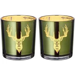 EDZARD 2er Set Teelichtglas Ted, Höhe 8 cm, außen grün, innen Gold, Hirsch-Design
