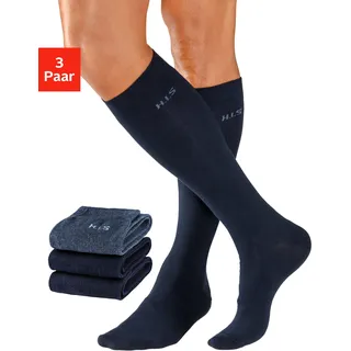 Kniestrümpfe H.I.S, Herren, Gr. 43-46, 2x marine, 2x jeans, Baumwolle, Elasthan (LYCRA), Polyamid, melange, elastisch, Socken Kniestrümpfe, mit druckfreiem Bündchen, Topseller
