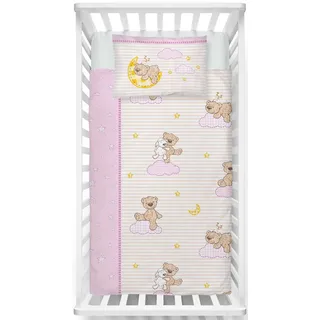 LINKHOFF Teddy Bettwäsche Baby 100x135 Mädchen | Fein Biber Babybettwäsche in Rosa mit Sterne | Kuschelige Winter Kinderbettwäsche Sterne aus 100% Baumwolle