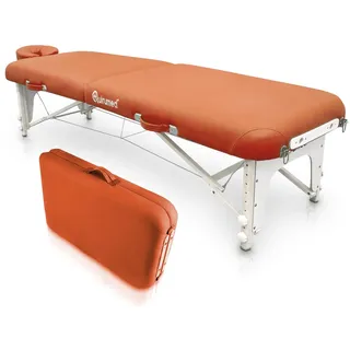 QUIRUMED Klappbarer Shiatsu-Tisch, aus Holz, 211 x 60 cm, Farbe Orange, Kunstleder, höhenverstellbar, abnehmbarer Kopf, verstärkte Struktur, bis 185 kg
