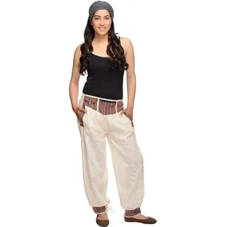 Haremshose Freizeithose Thamel  Stoffhose mit breitem gewebtem Bund für Damen, weiß L/XL - Weiß