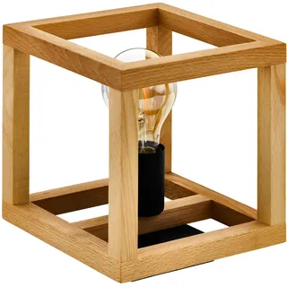 EGLO Tischlampe Blackcrown, Nachttischlampe Kubus, Deko Tischleuchte im Nature Design, schwarzer Stahl mit Holz-Rahmen, Holzlampe mit E27 Fassung, 20 x 20 cm