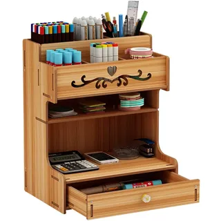 Hggzeg Schreibtisch-Organizer aus Holz, multifunktionale Schublade, Schreibwaren, Schreibtisch-Aufbewahrungsbox, Stifthalter für Zuhause, Büro und Schule Kirsche