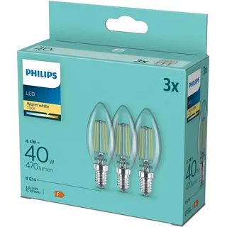 Philips LED-Lampe Classic Candle 4,3W E14 warmweiß 3 St.