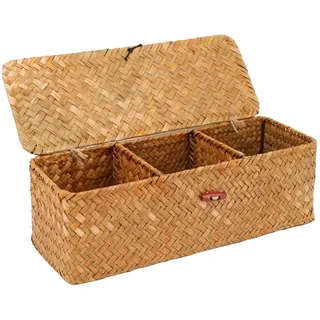 32.5x12x11cm Natürliches Aufbewahrungskorb, Seegras Korb Aufbewahrung, Geflochtene Rechteckig Korb, Rattan Korb mit Deckel 3 Fächern, Körbchen Aufbewahrung für Schlafzimmer Badezimmer (Orange)