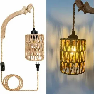 Holzbildleuchte innen, Vintage Wandleuchte mit gewelltem Rattanschatten, E27 Retro Wandbeleuchtung mit Schalter und Stecker, Landhaus, Rustikal, für Schlafzimmer, Wohnzimmer