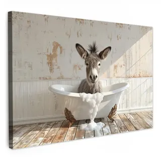 MuchoWow Leinwandbild Esel - Tiere - Badewanne - Schaumstoff Wanddeko 90x60 cm , Weiß , Textil , Kiefer , Rechteckig , 90x60 cm , FSC 100% , gerahmt , Bilder & Rahmen, Bilder, Leinwandbilder