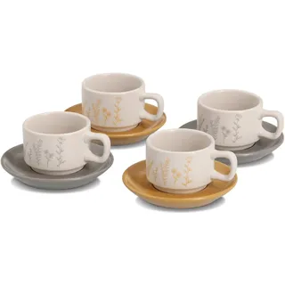 Zeller Present Espressotasse "Espresso-Set "Flowers", 8-tlg., Steingut" zarte Blumenmotive, weiß, grau, ockergelb