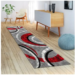 Paco Home Teppich Kurzflor, Konturenschnitt Muster Gestreift Grau Schwarz Rot Meliert, Grösse:80x300 cm