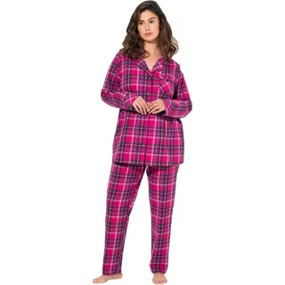 Ulla Popken Damen Pyjama, Flanell, Karo, Reverskragen, Langarm Pyjamaset, Fuchsia, 58-60 EU