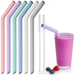 NiHome 6 Stück Silikon Strohhalme Wiederverwendbar, Extra Breite Trinkhalme für Boba, Smoothies & Bubble Tea – Zuschneidbare Länge, BPA-frei, mit 2 Reinigungsbürsten, Spülmaschinenfest(Macaron)