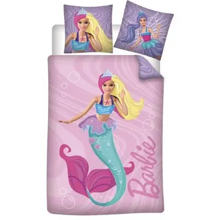 Aymax Parure de lit réversible Barbie Sirène - Rose - 140 x 200 cm