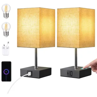 EDISHINE LED Nachttischlampe Touch Dimmbar 2er Set, Tischlampe Modern, Kleine Lampe, mit Ladefunktion, 2 USB Anschlüsse, für Schlafzimmer, Wohnzimmer, Fensterbank, Geschenk, Leinen Lampenschirm