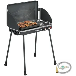 Tragbarer Gasgrill - 2-in-1 Tisch- und Standgrill - 7 kW - Propangas - Große Grillplatte - Abnehmbare Beine - Schwarz