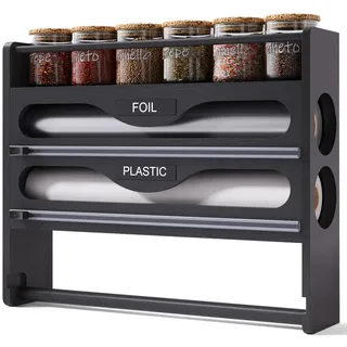 Folienspender mit Cutter & Küchenrollenhalter Ohne Bohren & Gewürzregal, Alufolienspender und Frischhalte Bambus, Folienschneider Frischhaltefolie, Frischhaltefolienspender Kompatibel 12" (Schwarz)