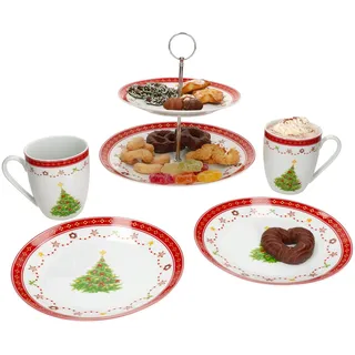 MamboCat 5tlg Weihnachtstraum Frühstücks-Set Etagere I 2 Personen I 1x 2-stöckige Etagere, 2x Kaffeebecher 340ml & 2x Frühstücksteller aus Porzellan I Glühweintasse, Kuchenteller für Weihnachten