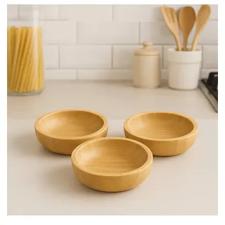 3er Set Dip-Schalen – Glas oder Bambus – Mini Schälchen für Ketchup, Mayonnaise, Soßen, Dips, Marmelade, Honig, Butter, Snacks, Nüsse, Vorspeisen & Desserts – Servierschalen klein 120ml(Orgin-Bambu3)