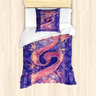 ABAKUHAUS Drachen Bettbezug Set für Einzelbetten, Chinesische Figur Yin Yang, Milbensicher Allergiker geeignet mit Kissenbezug, Lila Korallenrot - Lila
