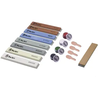 BACHER Schleifstein Set 8 Wetzstein mit Körnung #120 - #8000 und Abziehleder für Küche Messerschärfsystem, Messerschärfer Profi mit festem Winkel von Apex Edge, Ruixin und KKmoon