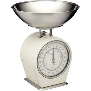 Mechanische Küchenwaage von KitchenCraft, Waage im Vintage-Stil mit abnehmbarer Edelstahl-Wägeschale, Living Nostalgia Kollektion, antike Cremefarbe und silberne Schale, 4 kg Kapazität, 1 Waage