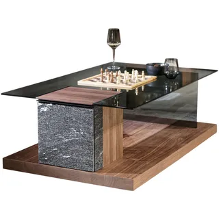 Voglauer Couchtisch , Grau, Schwarz, Walnussfarben , Holz, Glas, Stein , Wildwalnuss , furniert, massiv , rechteckig , Wange, Bodenplatte , 75.6x42.3x120.6 cm , Goldenes M, Made in Austria , Stauraum , Holzmöbel, Holztische, Wohnzimmertische Holz, Couchtische Holz