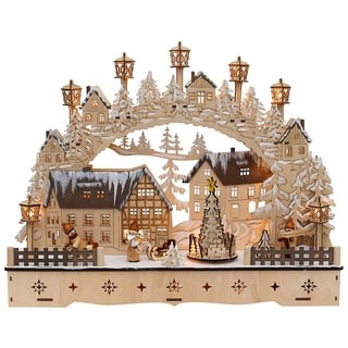 Dekohelden24 LED Holz Schwibbogen mit bewegtem Weihnachtsbaum, Motiv: Weihnachtsmann und Schneekinder, L/B/H ca. 45 x 12 x 35 cm, für Batterie-oder Adapterbetrieb, 35 cm