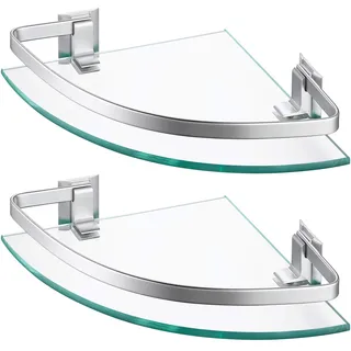 KES Glasregal Eckregal Badregal Glas Duschablage zum Hängen 8mm Badezimmer Wandregal Dusche Glas Ablage Wandmontage Ecke 2 Stück Organizer Aluminium Silber, A4120A-P2