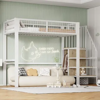 FAVSH Hochbett 90x200 cm mit Schrank und Stauraum, Metallbett mit Treppe, Ablageflächen und integriertem Regal, Etagenbett für Kinder, Jugendliche und Erwachsene, Weiß