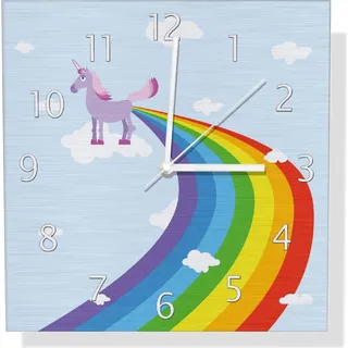 Wallario Design Wanduhr Einhorn mit Regenbogen aus dem Hintern aus Aluverbund, Größe 30 x 30 cm - Blau