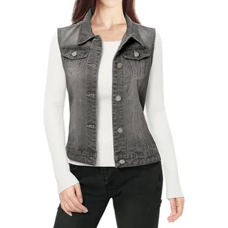 Allegra K Damen Jeansweste Ärmellos Knopfleiste Denim Rever Jacke Westen mit Taschen Graus XL