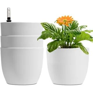T4U 15cm Selbstwässernder Blumentopf mit Wasseranzeiger Weiß Blumentopf Set 4er-Set, Selbstbewässerung Wasserspeicher Pflanzgefäß Übertopf für Innen- und Außenbereich