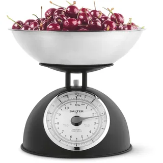 SALTER Timeless Mechanische Küchenwaage – Kochwaage, 2L Spülmaschinenfeste Schüssel, Einfach ablesbare Skalen, Große Ziffern, Ohne Batterien, Retro-Design, 5 kg Kapazität, Zutaten wiegen, Schwarz