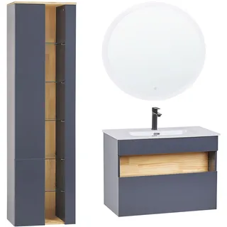 BELIANI 3-teiliges Badmöbel Set Grau mit Keramikbecken wandmontierter Waschtisch Hochschrank LED-Spiegel rund für Badezimmer modern exklusiv - Grau, Braun