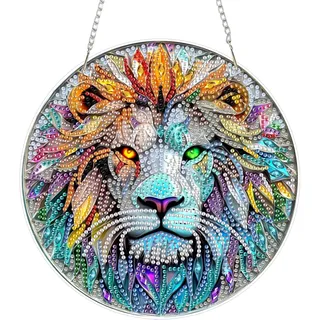 AIRDEA Glasfenster-Löwe Diamond Painting Fensterbilder, 5D Brillante Löwe Diamond Painting Fensterbilder Beidseitig, Bausätze für Diamantmalerei Suncatcher Erwachsene 8x8 inch