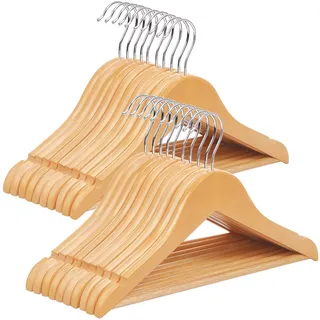 SONGMICS Kinderkleiderbügel, 20er Set Kleiderbügel Kinder, 35 cm Lange Bügel aus Holz, Massivholz, mit rutschfestem Hosensteg und Einkerbungen, Haken um 360° drehbar, Natur CRW006-20