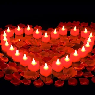 Mineup 24 Stück Herz Form LED Teelichter, 1000 Stücke Künstliche Gefälschte Rosenblätter und 24 Herzförmige Flammenlose LED Teelicht, Liebe Kerze für Hochzeiten Valentinstag, Heiratsantrag Deko