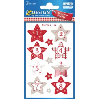 Avery Zweckform Zweckform Adventskalender Zahlen 24 Sterne (Made in Germany, Aufkleber Weihnachten, Papier, selbstklebend, Sternenzahlen, Adventskalender, Adventszahlen Nr. 1-24, Weihnachtskalender) 52890