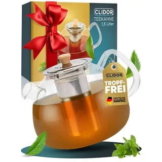 CLIDOR Teekanne mit Siebeinsatz - 1,5 Liter, verstärkte Glasstärke für bessere Isolierung, Teekanne mit Stövchen nutzbar, Glasteekanne, Thermo Teezubereiter, robuster Teapot, Teebereiter (1500ml)
