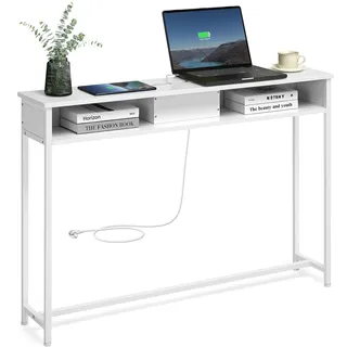 VASAGLE Konsolentisch mit Steckdosen, Beistelltisch mit 2 Fächern, schmal, 25 x 120 x 81 cm, platzsparend, für Eingangsbereich, Wohnzimmer, schneeweiß LNT111W01