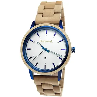 Holzwerk Germany Handgefertigte Designer Unisex Damen-Uhr Herren-Uhr Öko Natur Holz-Uhr Armband-Uhr Analog Klassisch Quarz-Uhr Braun Ahorn Blau Weiß