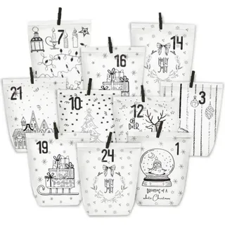 Adventskalender zum Befüllen mit 24 Weihnachtsmotiven, Papiertüten Set
