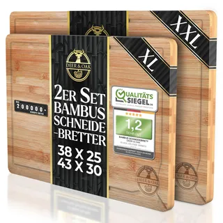 Deer & Oak Schneidebrett Holz Set – XXL & Groß (43x30 & 38x25cm) Bambus Küchenbretter, Vorgeölt, Messerfreundlich, Nicht-Porös – 2er Holzbrett für Fleisch & Gemüse