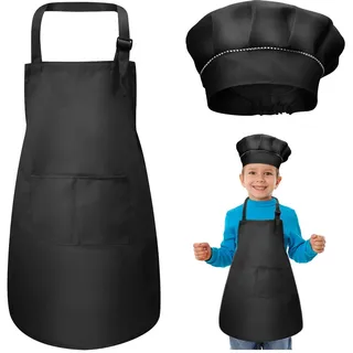 WEONE Kinder Schürze und Kochmütze Set, Kinder Einstellbare Kochschürze Kinderschürzen mit 2 Taschen für Jungen Mädchen, Kind Küchenschürzen für Küche Kochen Backen Malerei (7-13 Jahre) (Schwarz)