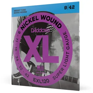Daddario D'Addario EXL120 Nickel Wound E-Gitarrensaiten, Super Light, 9-42 | XL Nickel E-Gitarrensaiten bieten brillanten Klang, präzise Intonation, hohe Haltbarkeit und gleichmäßiges Spielgefühl.
