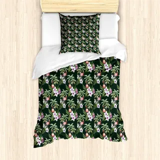 ABAKUHAUS Tropisch Bettbezug Set für Einzelbetten, Exotische Flamingo Blumenstrauß, Milbensicher Allergiker geeignet mit Kissenbezug, 135 cm x 200 cm - 80 x 80 cm, Jägergrün Multicolor