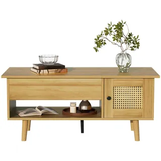 Okwish Couchtisch 103/50/46 cm Holzfarbe mit anhebbarer Tischplatte und Rattan-Türen , Naturfarben , Holzwerkstoff , 50x60x63.5 cm , Wohnzimmer, Wohnzimmertische, Couchtische